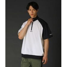 R/撥水加工コットンナイロンストレッチ布帛ハーフジップ止水ジップ半袖プルオーバー