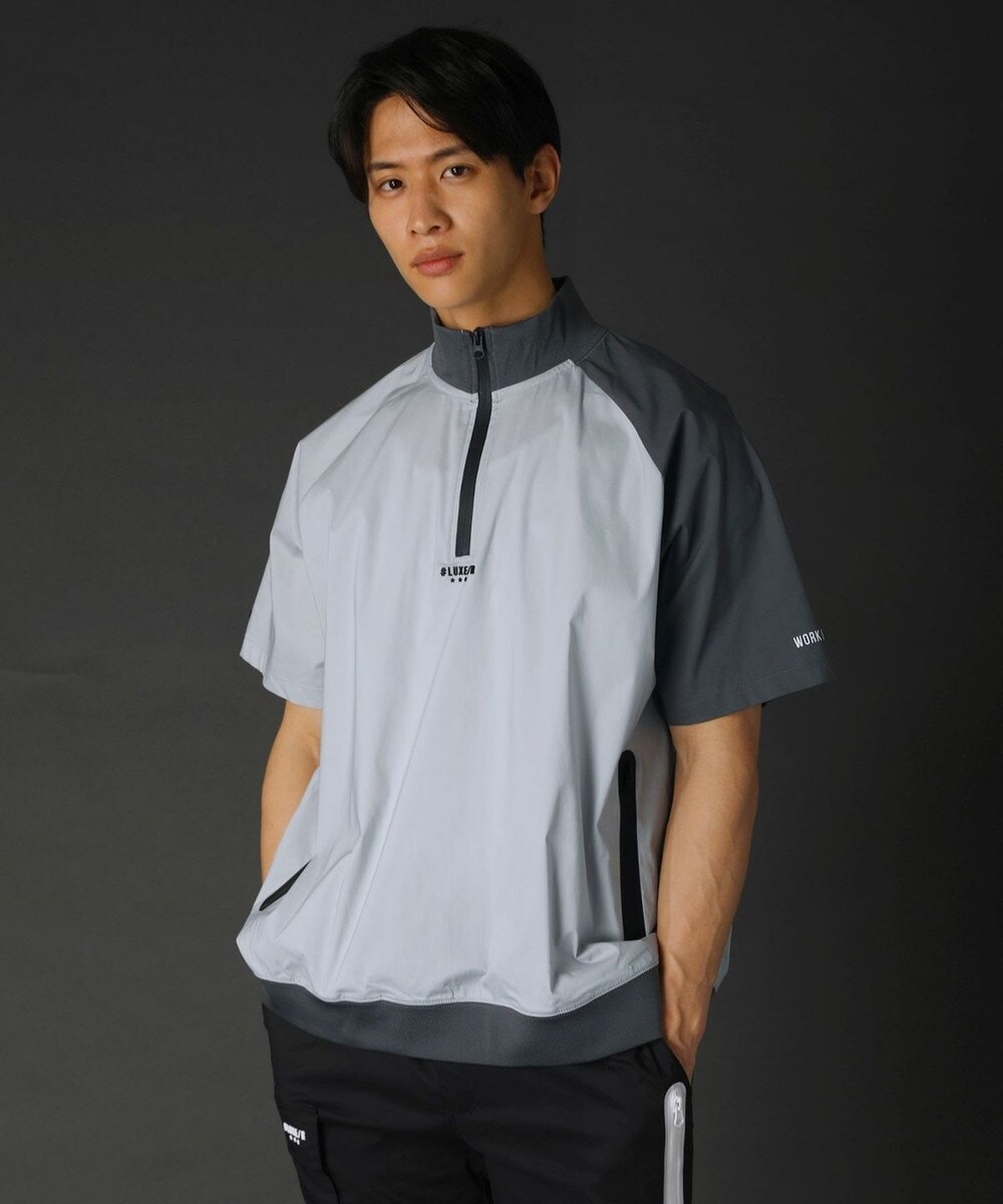 R/撥水加工ストレッチ布帛ペイズリー柄バイカラー止水ZIPプルオーバー THE CASUAL｜撥水加工ストレッチ布帛ペイズリー柄バイカラー止水