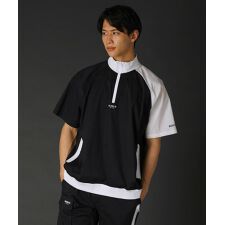 R/撥水加工コットンナイロンストレッチ布帛ハーフジップ止水ジップ半袖プルオーバー