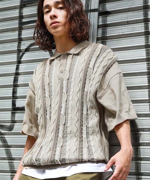 ヴィンテージライク3D総柄編み半袖ニットポロシャツ | エムエスジー