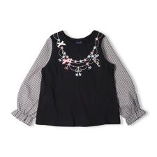 ネックレス風刺繍袖切替長袖Tシャツ