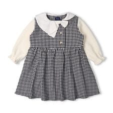 リボン衿ギンガムチェック柄長袖ワンピース