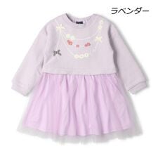 ネックレス風刺繍チュールドッキング裏起毛ワンピース