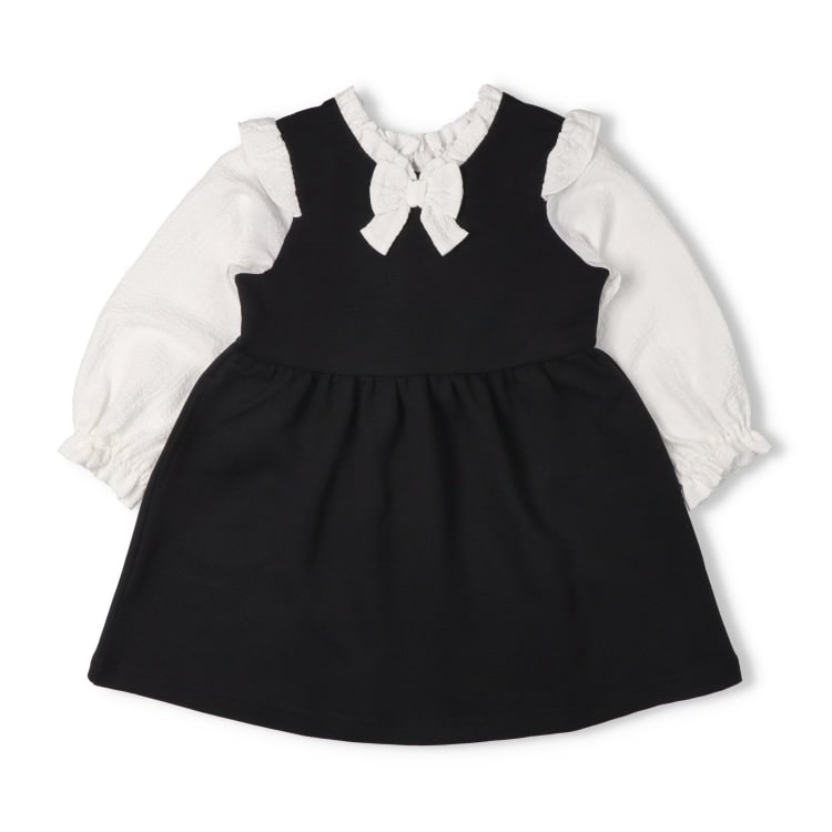 リボン付き重ね着風長袖ワンピース