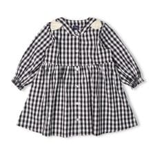 チェック・小花柄前開き長袖ワンピース