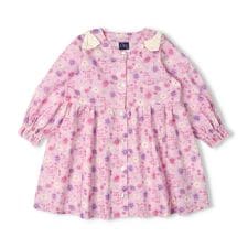 チェック・小花柄前開き長袖ワンピース