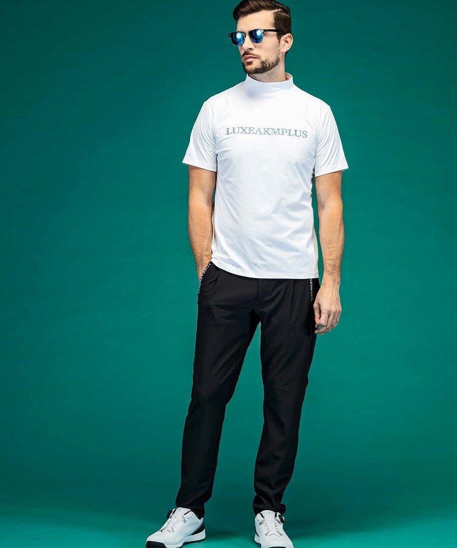 LUXEAKMPLUS ゴルフ ラインストーンロゴ半袖モックネックTシャツ