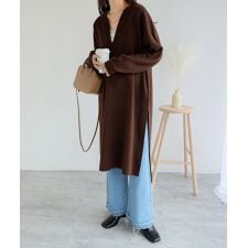 ジャガード編み 長袖 深Vネック ニット ワンピース