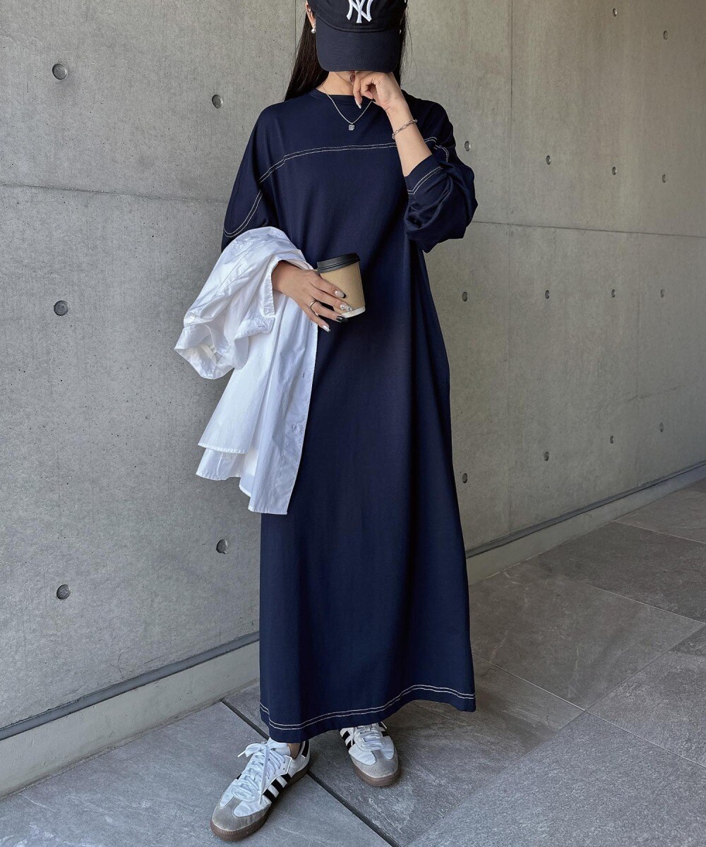 配色ステッチ オーバーサイズ 長袖 Tシャツ ワンピース