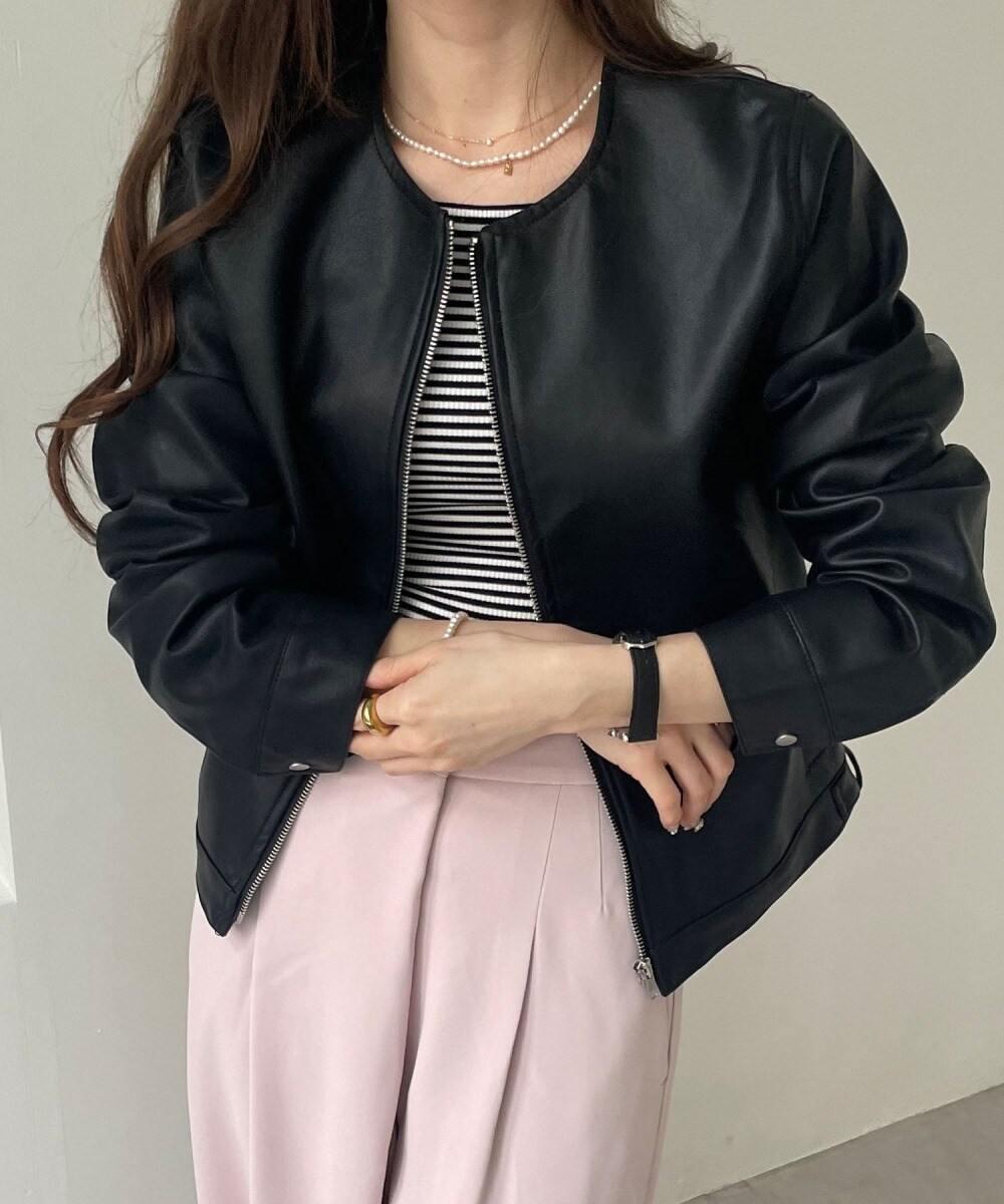 フェイクレザー ノーカラー ライダース ジャケット | アンドミー(andme