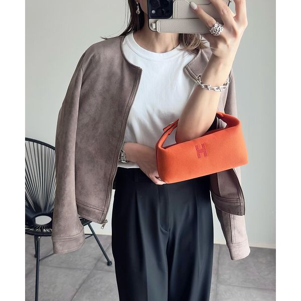 フェイクスエードノーカラーライダースジャケット