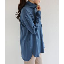コットン 長袖 ラウンドヘム ハイネック Tシャツ