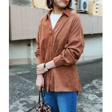 コーデュロイ 背中ベロアリボン 長袖 スキッパーブラウス