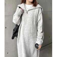 セーラーカラー 長袖 ハーフジップ ニット ワンピース