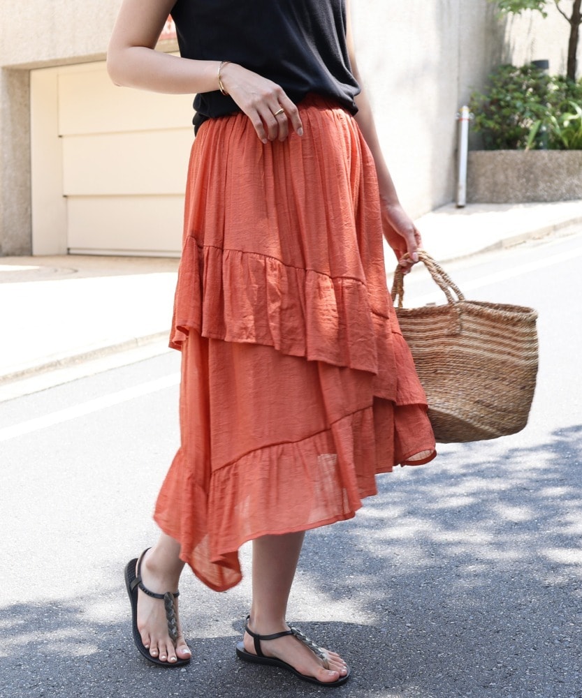 スラブ ひざ丈 ティアード スカート