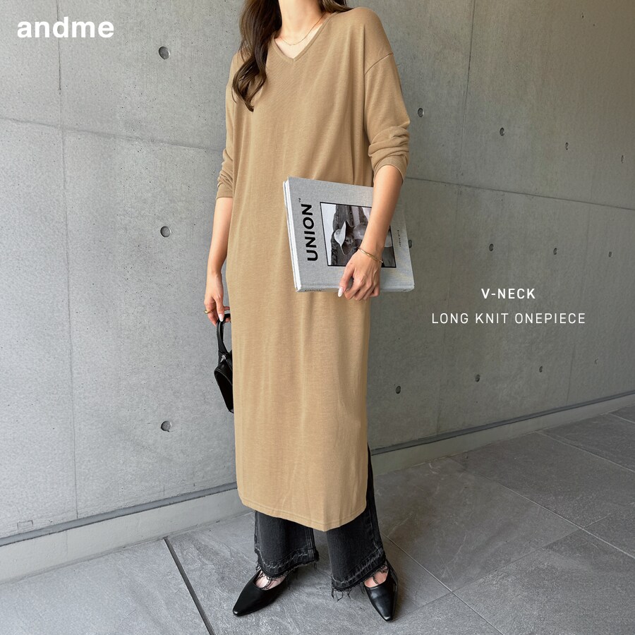 Vネック スリット 薄手 ニットソー ロング ワンピース | アンドミー