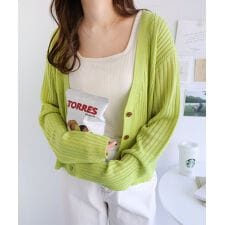 リネンタッチ ショート丈 リブニット カーディガン