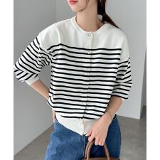 無地 ボーダー スナップボタン ニットカーディガン