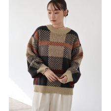 モヘヤライク チェックジャガード  ニットトップス