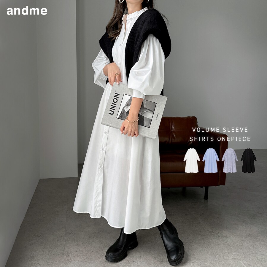 無地/ストライプ 袖ボリューム バンドカラー 長袖 シャツ ワンピース