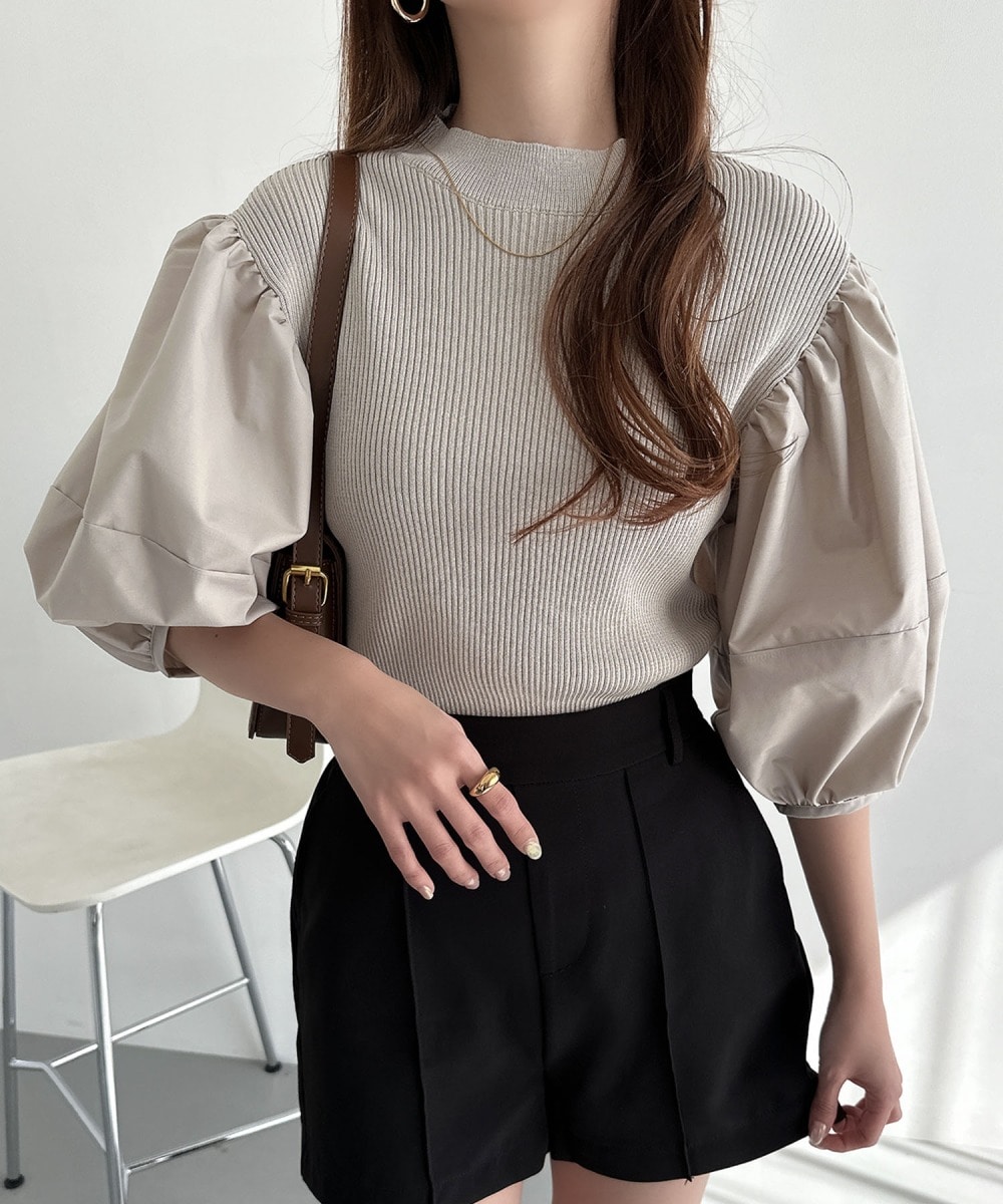 異素材 ドッキング バルーン袖 ニット トップス