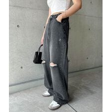 ダメージ加工 ワイド デニム パンツ