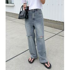 ダメージ加工 ワイド デニム パンツ