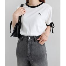 袖リボン ワンポイント エンブロイダリー リンガー Tシャツ