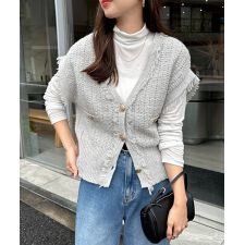 ツイード編み Vネック フリンジ ニット ベスト