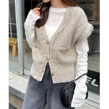 ツイード編み Vネック フリンジ ニット ベスト