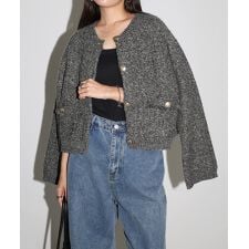 アンドミー(andme)のツイード編み ショート丈 フリンジ 長袖 ニット カーディガン