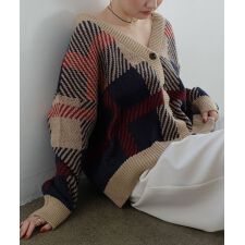 モヘアライク チェック ジャガード 長袖 ニット カーディガン