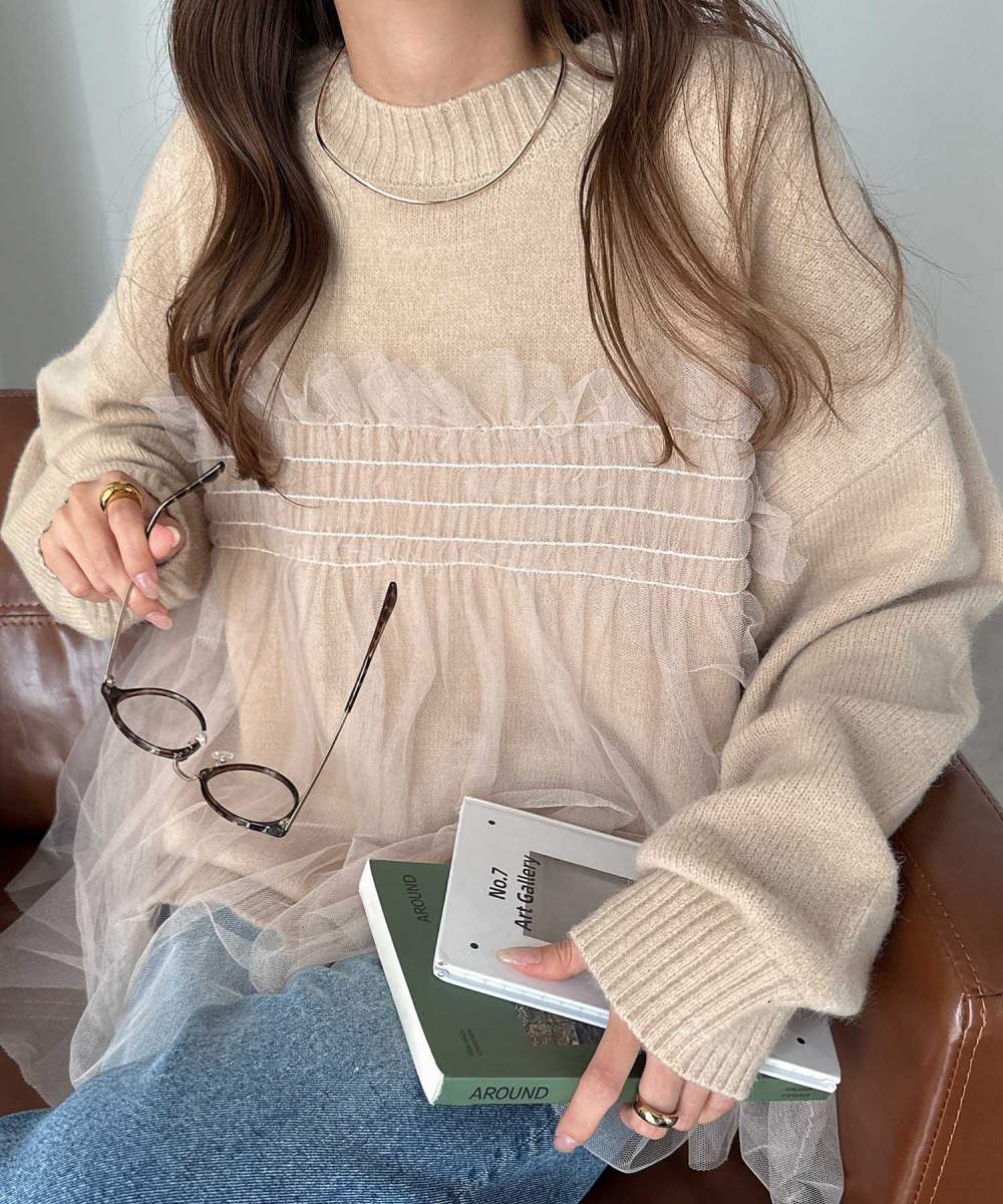 透かし編みハイネックニットプルオーバー[41411220]natural mist 透かし編みハイネックニットプルオーバー[41411220]natural mist