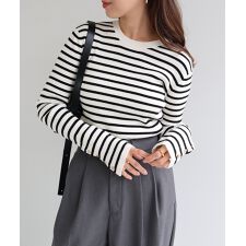 無地 ボーダー 金ボタン付き 長袖 リブ ニット トップス