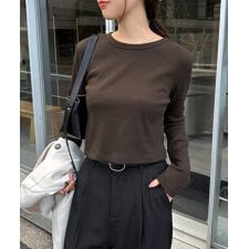 テレコリブ ショート丈 クルーネック トップス