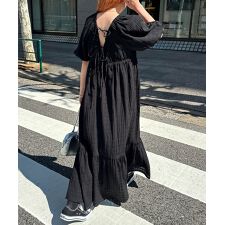 シアー チェック ボリューム袖 ロング ワンピース Freesia フリージア