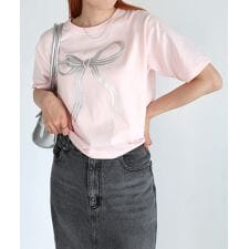 BIG リボン プリント ショート丈 半袖 Tシャツ Freesia フリージア