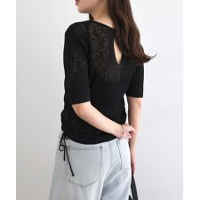 シアー バック オープン 半袖 リブ トップス