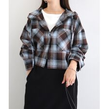 アンドミー(andme)のショート丈 フーディ チェック シャツ ブラウス