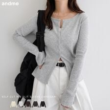 アンドミー(andme)のセルフカットリブ スナップボタン 長袖 カーディガン トップス
