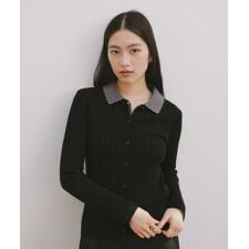 襟付き リブ ニット カーディガン トップス