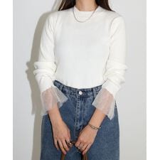 アンドミー(andme)のチュール シアー 袖 フリル 長袖 リブ ニット トップス