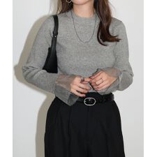 アンドミー(andme)のチュール シアー 袖 フリル 長袖 リブ ニット トップス