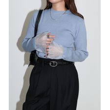 アンドミー(andme)のチュール シアー 袖 フリル 長袖 リブ ニット トップス