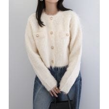 金ボタン シャギー 起毛 ショート ニット カーディガン