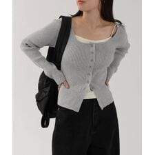 ボートネック リブ ニット カーディガン トップス