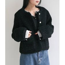 ラメ ボア 金ボタン ノーカラー ジャケット