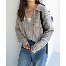 ボリューム袖 スキッパー ニット トップス