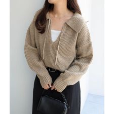 ボリューム袖 スキッパー ニット トップス