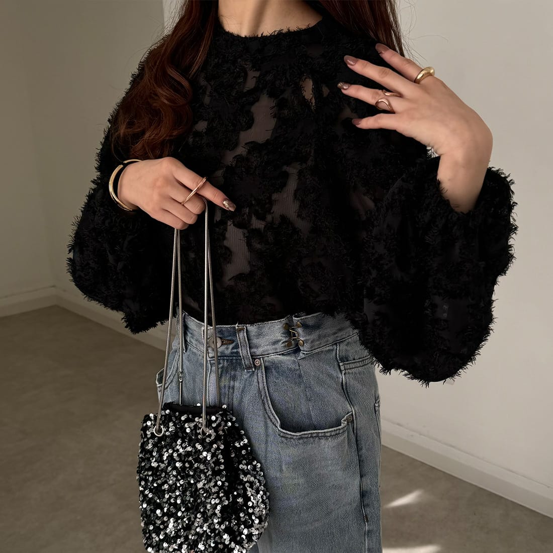 サイズ2 フラワージャガードハイネックブラウス